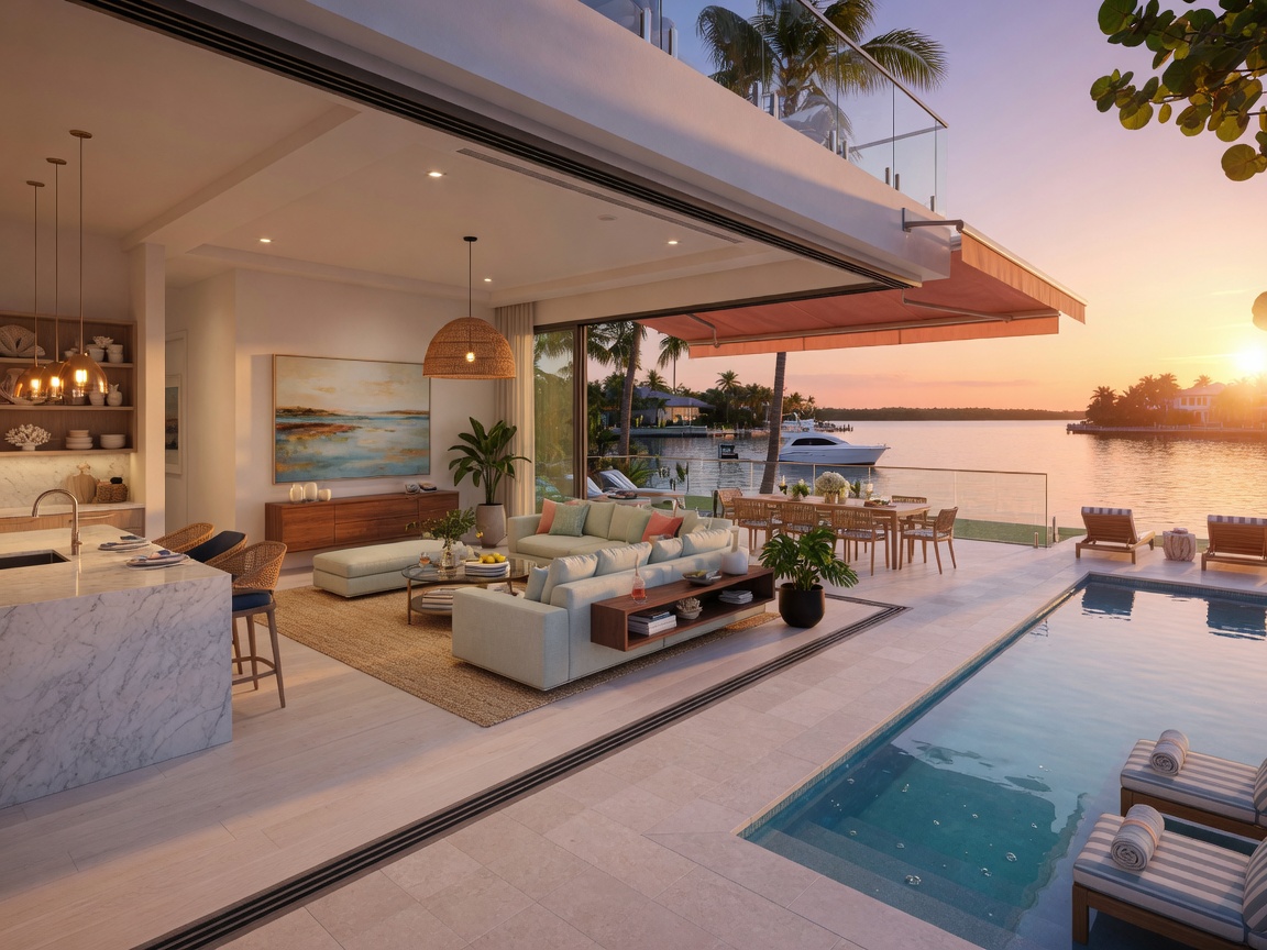 Ultra-detailed 8K 3D architectural rendering of an open-concept Naples waterfront home interior showing seamless indoor-outdoor transition to pool deck, modern coastal furniture arrangement, golden hour lighting