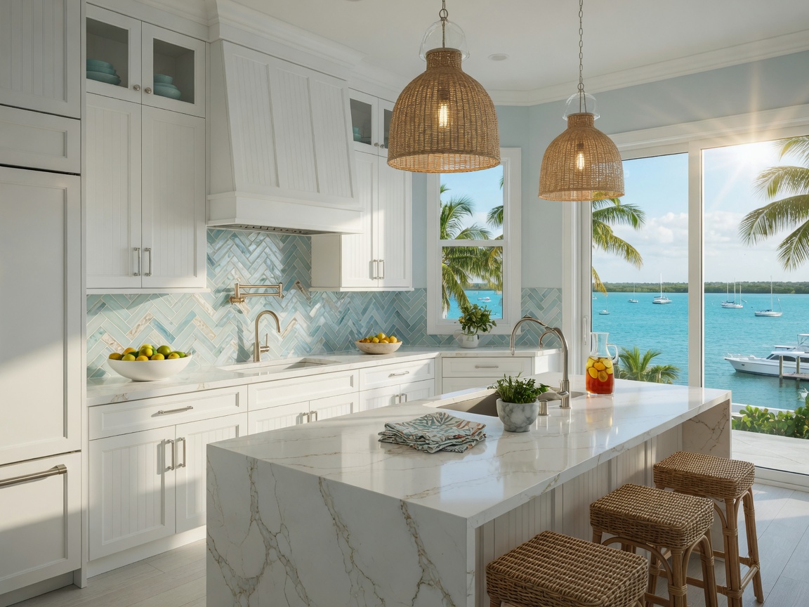 Realistic 8K photograph of a Naples Florida luxury kitchen interior with white cabinetry, quartz countertops, coastal-inspired backsplash, pendant lighting, and views of the bay, bright natural light