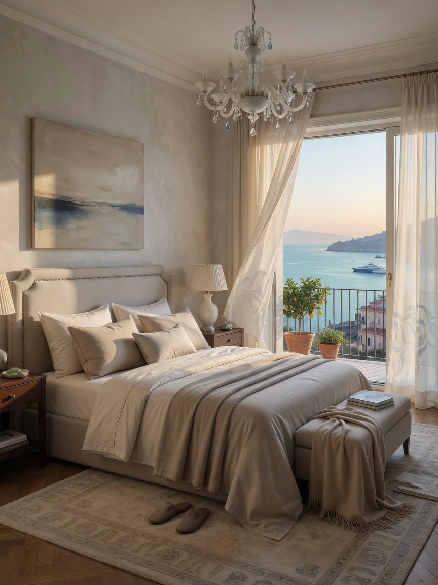 Ultra-realistic 8K image of a sophisticated Naples master bedroom with king bed, neutral linens, ocean view through sliding glass doors, soft morning light filtering through sheer curtains
