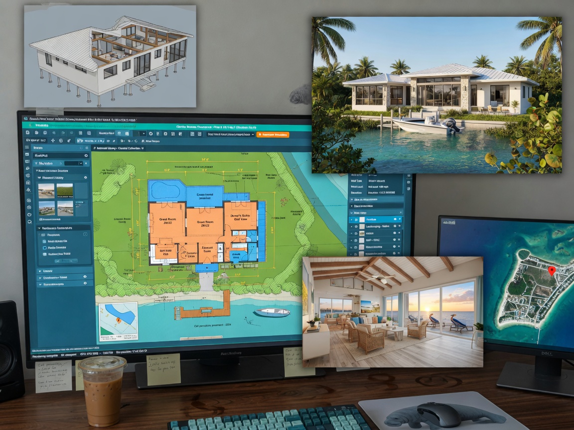 Detailed 8K visualization of a 3D modeling software interface displaying a Southwest Florida coastal home floor plan with rendered perspective views, professional workstation setting