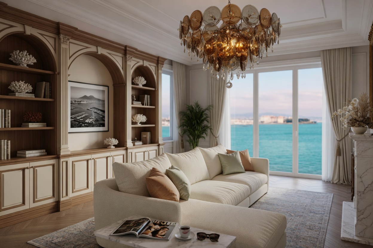 Ultra-realistic 8K rendering of an elegant Naples living space with high ceilings, statement lighting fixture, custom millwork, and comfortable sectional sofa facing water views
