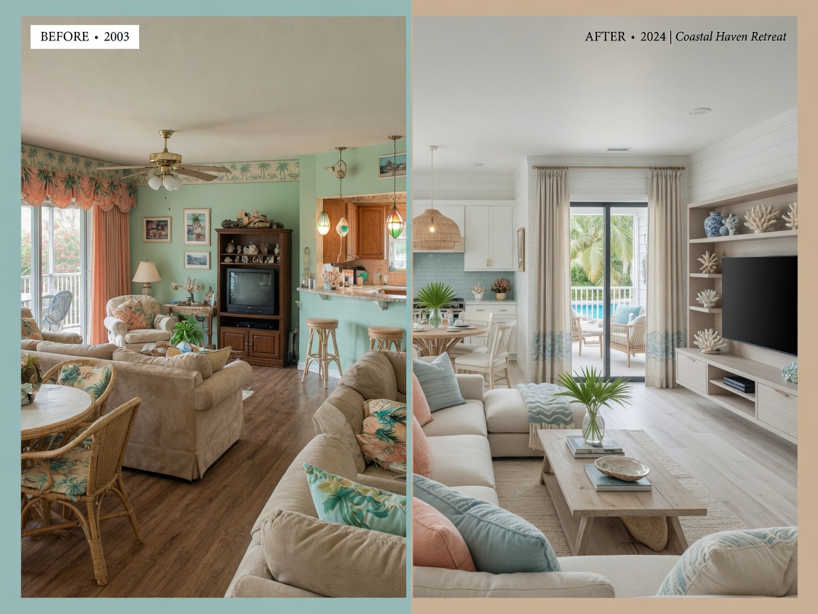 Professional 8K image showing before and after interior design transformation of a dated Southwest Florida condo into a modern coastal retreat, split screen composition
