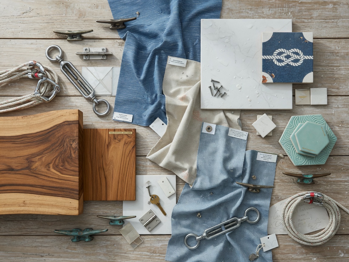 Ultra-detailed 8K photograph of premium coastal furniture materials including teak wood, performance fabrics, porcelain tile samples, and marine-grade hardware arranged artistically