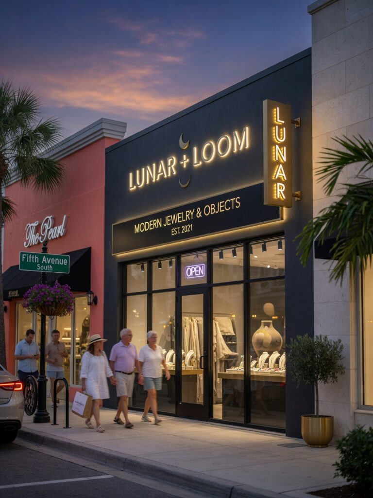 Ultra-realistic 8K photograph of a modern narrow retail storefront on Fifth Avenue South in Naples Florida at dusk with illuminated branding signage visible from the sidewalk and pedestrians walking by