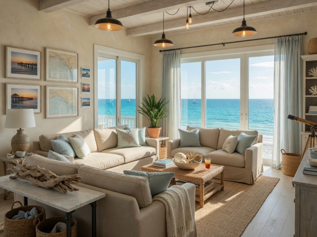 Ultra-realistic 8K rendering of a bright coastal living room in Naples Florida featuring soft blue and sand tones, large windows overlooking the Gulf, comfortable linen sofas, natural textures, and warm industrial lighting, daytime natural light, highly detailed interior photography