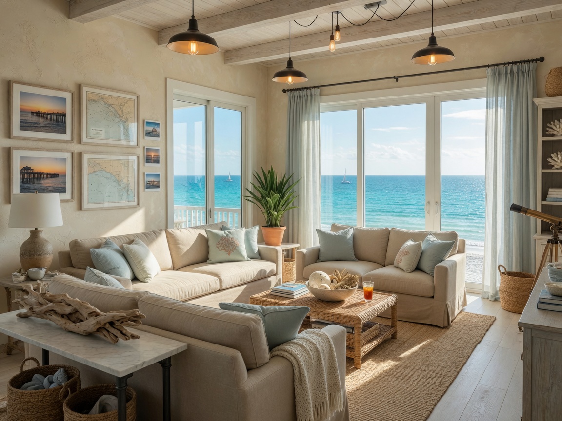 Ultra-realistic 8K rendering of a bright coastal living room in Naples Florida featuring soft blue and sand tones, large windows overlooking the Gulf, comfortable linen sofas, natural textures, and warm industrial lighting, daytime natural light, highly detailed interior photography