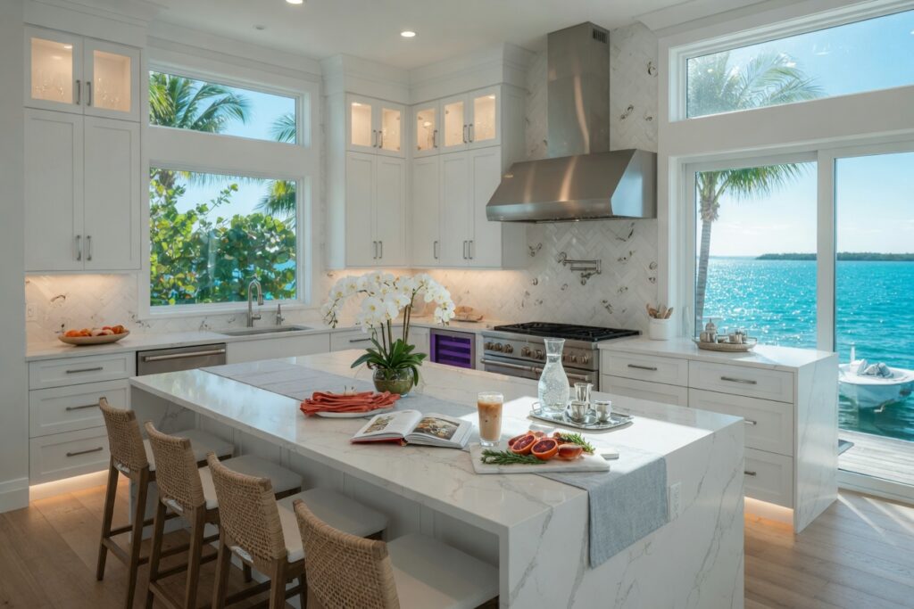 Ultra-realistic 8K photograph of a bright modern coastal kitchen in Naples Florida with white cabinetry, quartz countertops, large island, and natural light streaming through windows overlooking the water, designed by professional interior designers