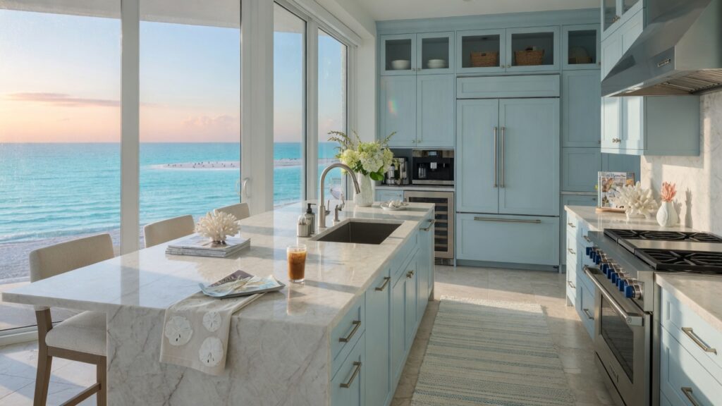 Ultra-realistic 8K photograph of a modern Naples Florida coastal kitchen with white quartzite countertops, light blue cabinetry, large impact glass windows overlooking the Gulf of Mexico, morning sunlight, high-end appliances, coastal contemporary design, humidity resistant materials, photorealistic, detailed textures --ar 16:9