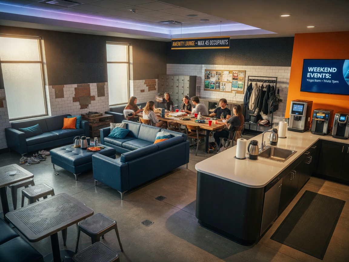 8K image of a multifamily building amenity room designed for heavy weekend traffic featuring commercial-grade furnishings and durable finishes