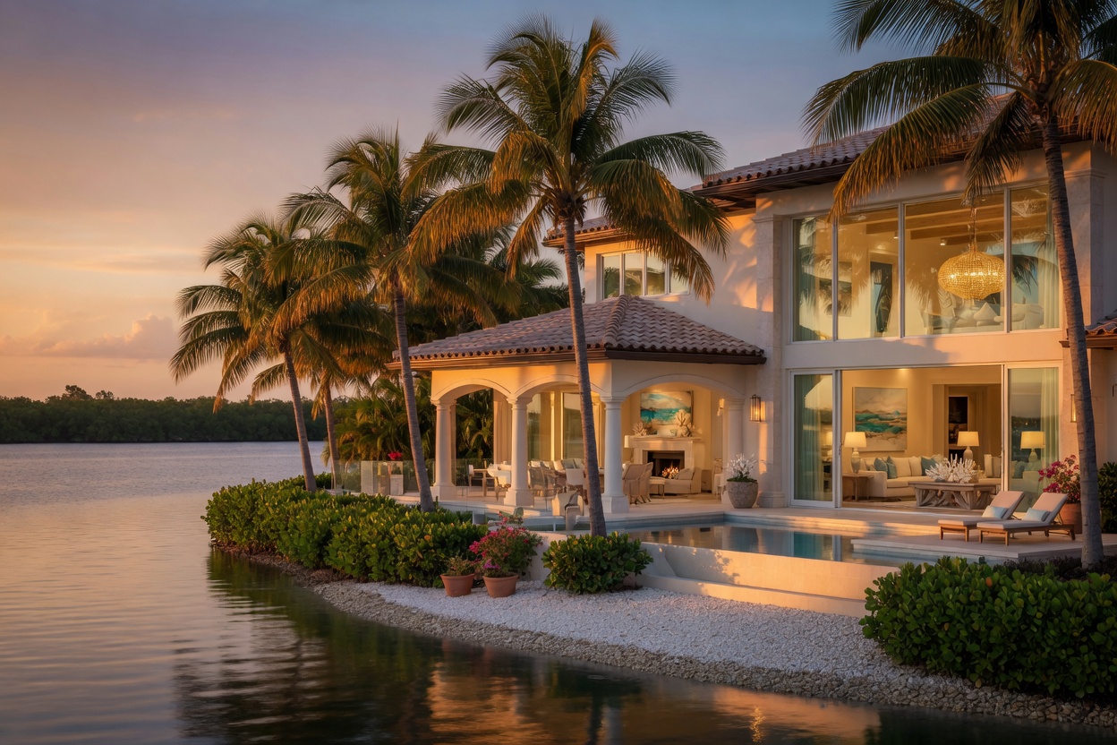 Stunning waterfront Naples FL home exterior with large windows revealing beautifully lit interior coastal design, golden hour lighting, palm trees, professional architectural photography, ultra-realistic 8K