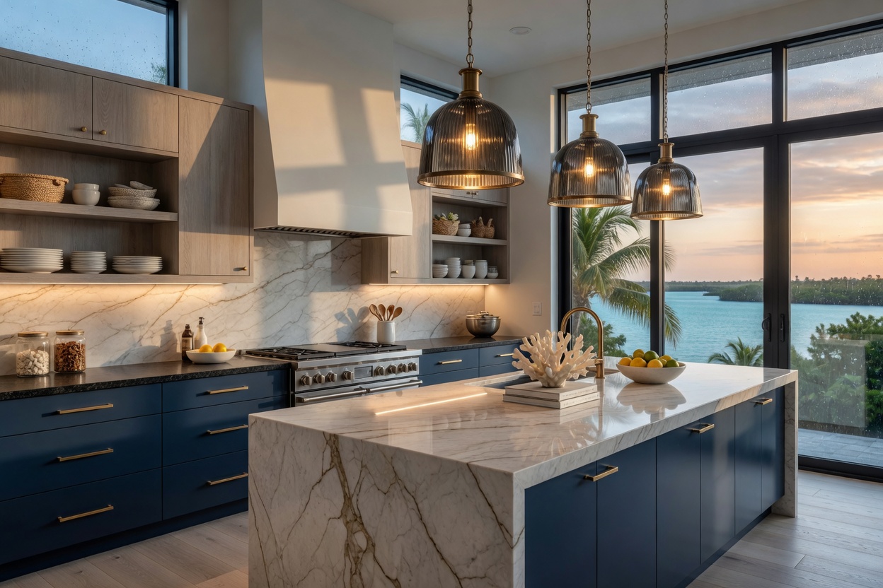 Professional 8K photograph of a modern kitchen design in Fort Myers with performance finishes, pendant lighting, large windows, and sophisticated coastal aesthetic