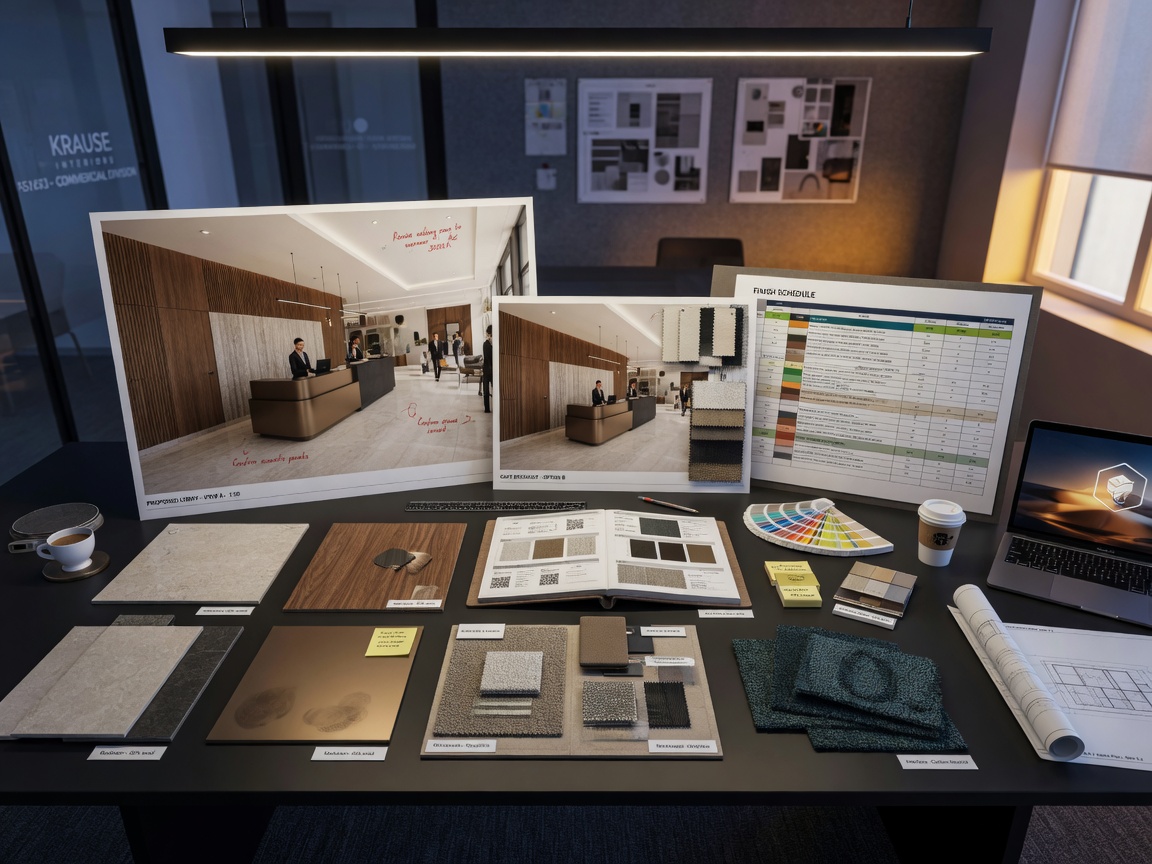 Ultra-realistic 8K photo of a complete commercial interior design presentation with rendered perspectives finish schedule and material samples on a conference table