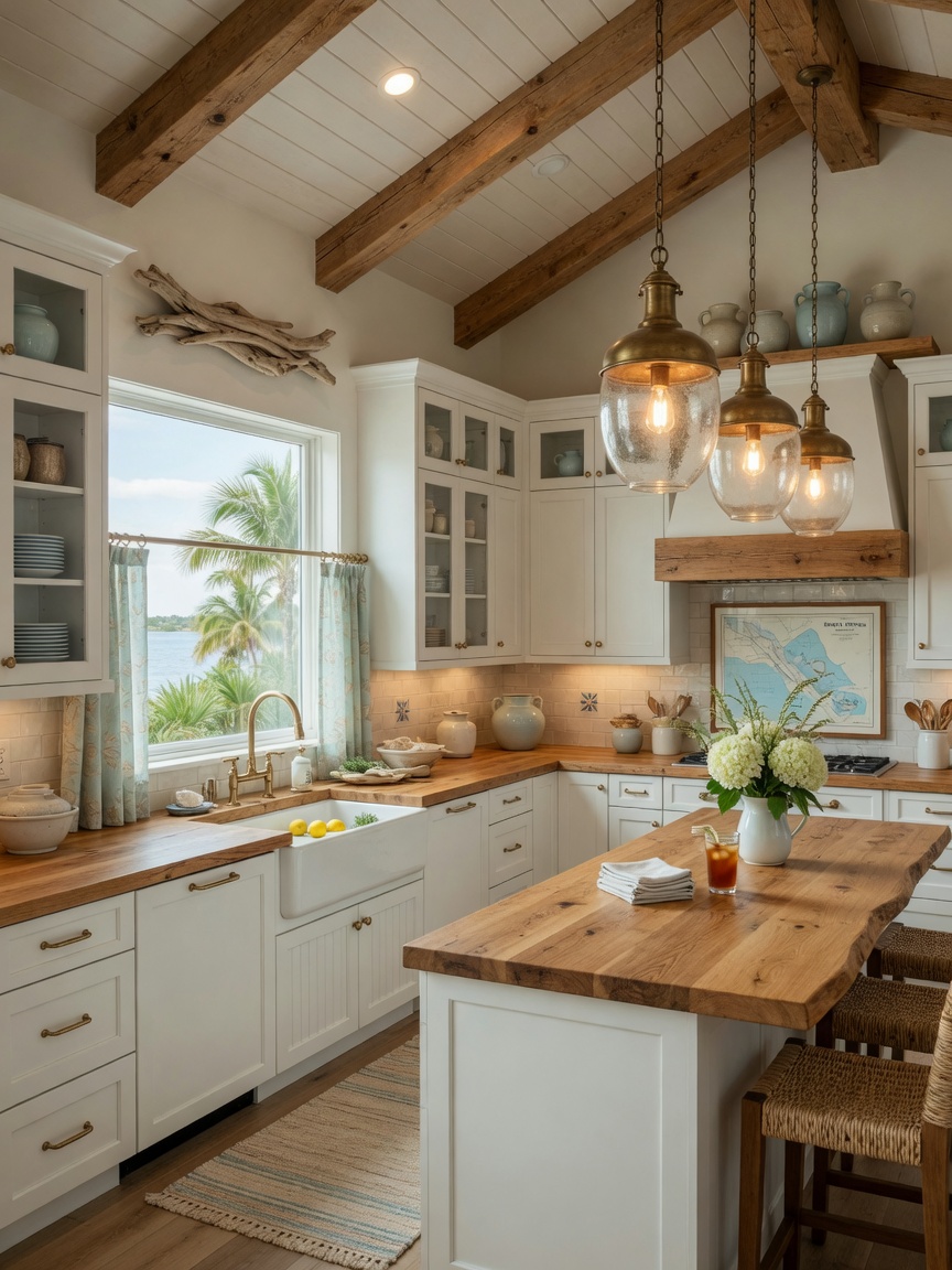 Modern farmhouse kitchen in Bonita Springs Florida featuring warm wood tones, white cabinets, farmhouse sink, pendant lighting, coastal elements, highly detailed 8K interior photograph