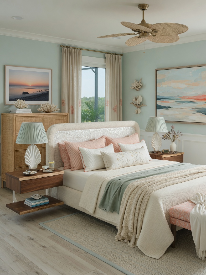 Ultra-realistic 8K visualization of a complete bedroom interior in Estero home featuring custom bed, nightstands, soft textiles, and peaceful coastal color palette