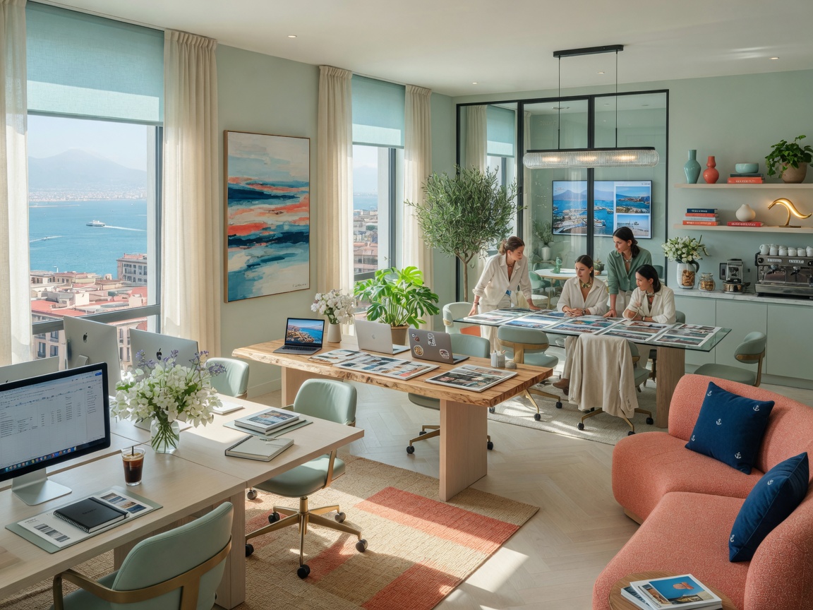 Contemporary professional suite interior in downtown Naples with open workspace, collaborative areas, coastal color scheme, abundant natural light, 8K ultra-realistic office design image