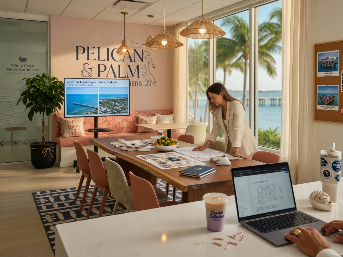 Hyper-detailed 8K image of a professional commercial office interior in Naples FL with collaborative workspace, modern desks, warm lighting, and branded design elements