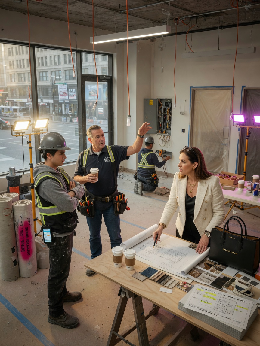 Ultra-realistic 8K photograph of a local commercial interior designer meeting with contractors on-site during a tenant build-out in a mixed-use building