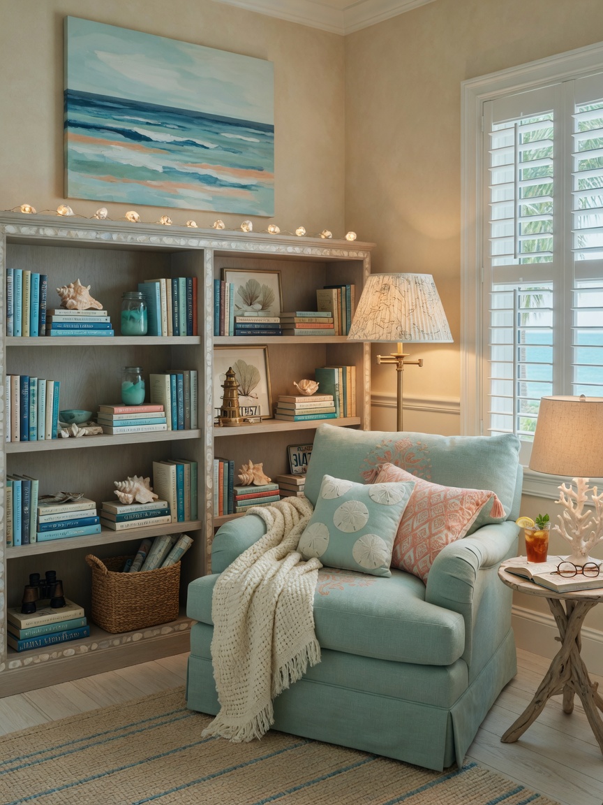 Cozy reading nook in a Naples Florida coastal home with comfortable armchair, built-in bookshelves, soft lighting, ocean-inspired color palette, textured throws and pillows, 8K detailed interior shot