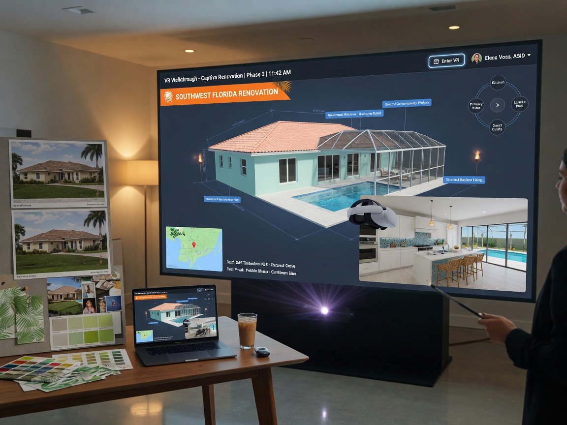 Photorealistic 8K rendering showing a virtual reality interior design presentation on a large screen with 3D models of a Southwest Florida home renovation project