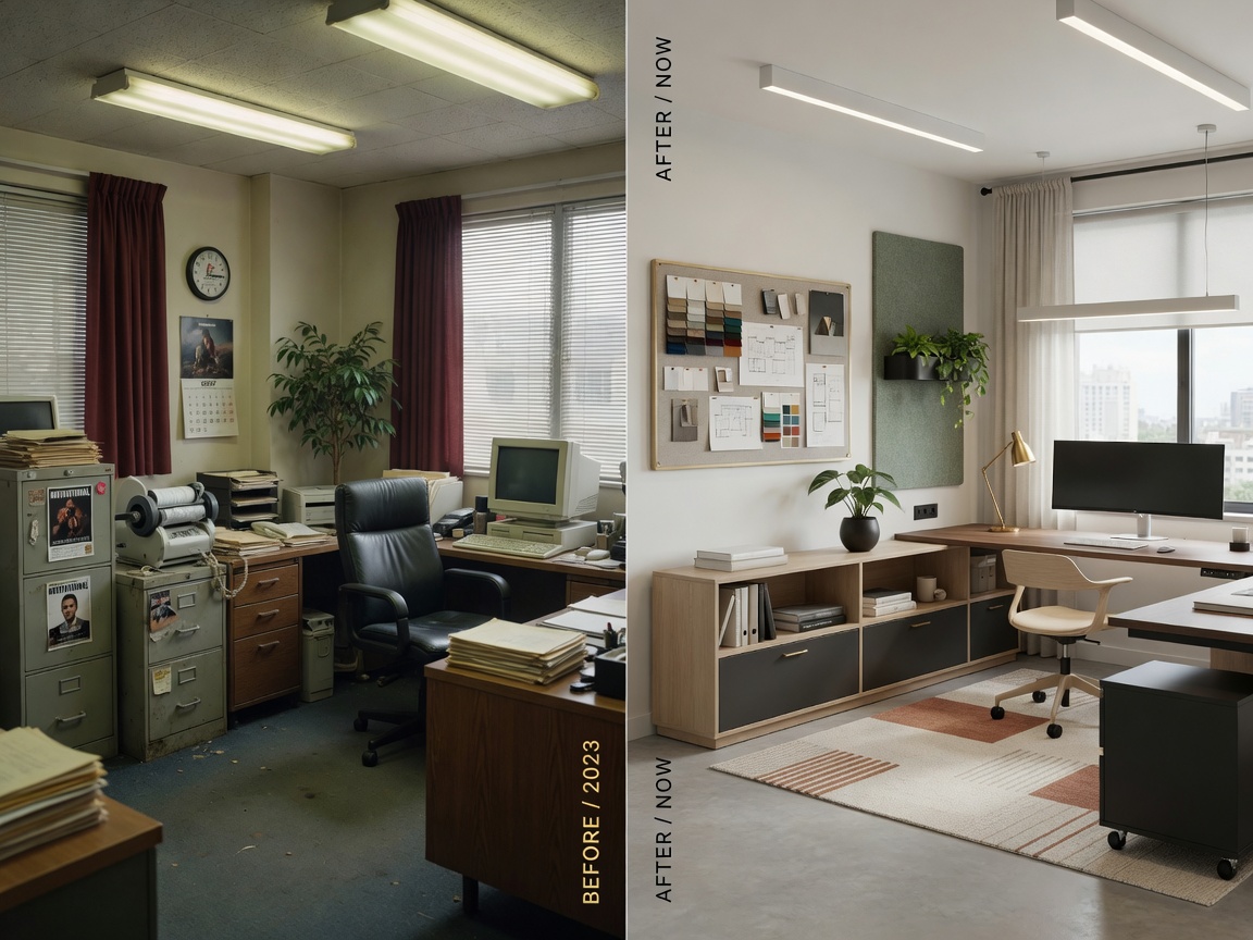 8K image showing before and after comparison of a dated professional office suite transformed into a modern functional workspace with proper space planning