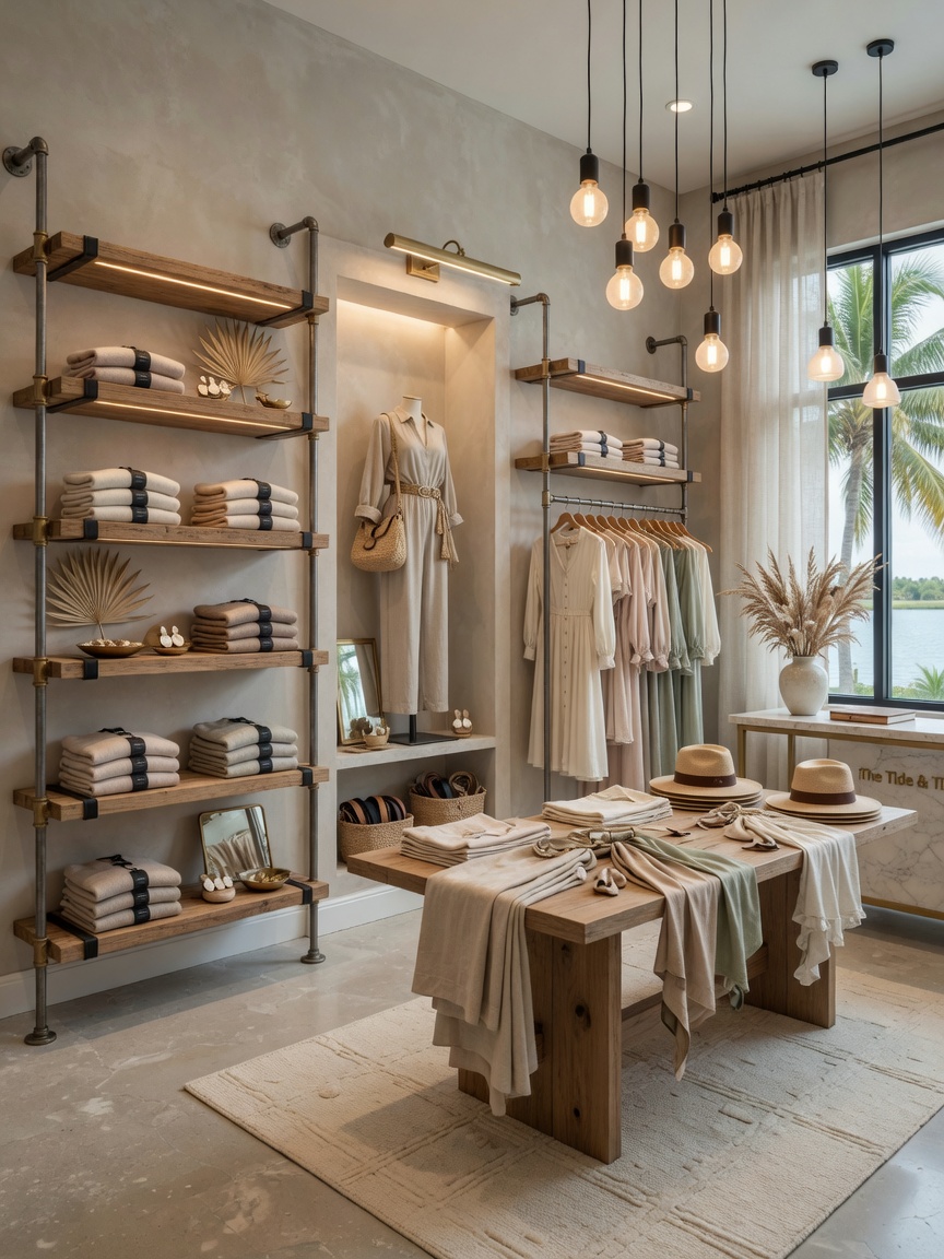 High-end retail clothing boutique interior in Marco Island with warm industrial shelving, thoughtful merchandising, soft neutral color scheme, elegant lighting, 8K photorealistic commercial interior