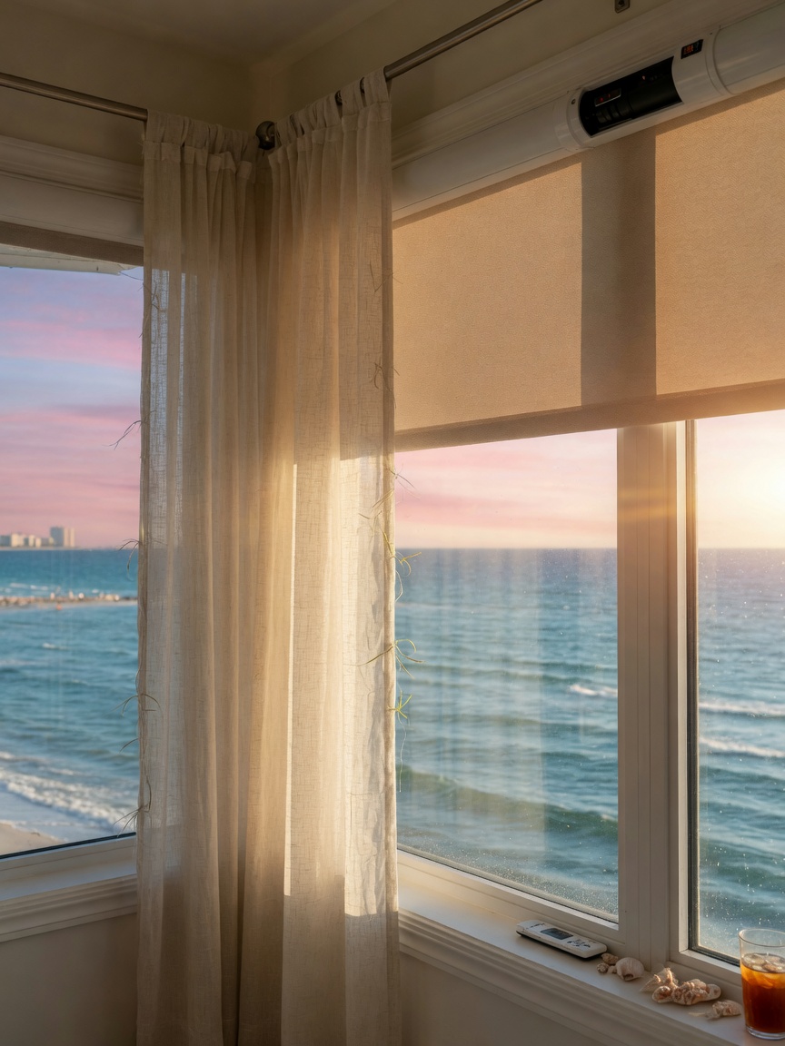 Ultra-realistic 8K photograph of window treatments in a Naples beach house, sheer linen curtains, motorized shades, and beautiful Gulf of Mexico view