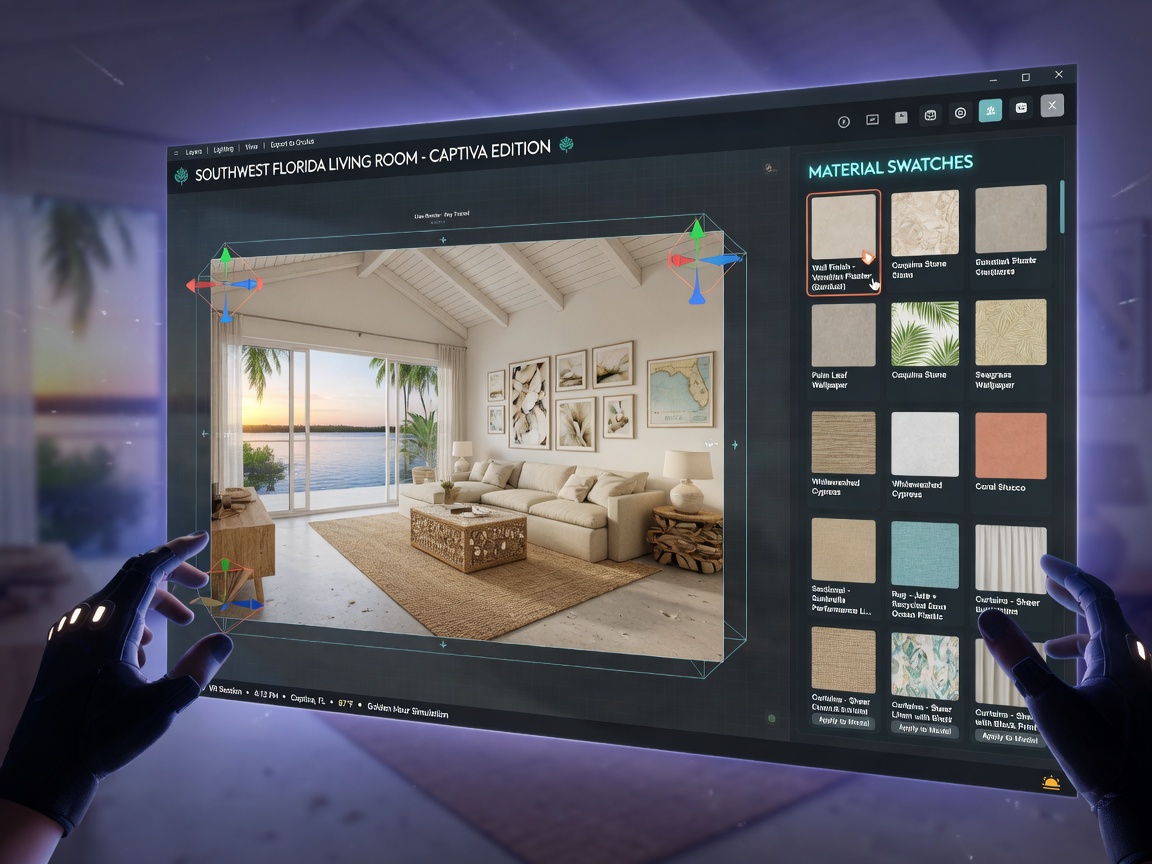 Virtual reality interior designer interface showing 3D model of a Southwest Florida living room with selectable material options, modern tech aesthetic, clean UI elements, 8K digital visualization
