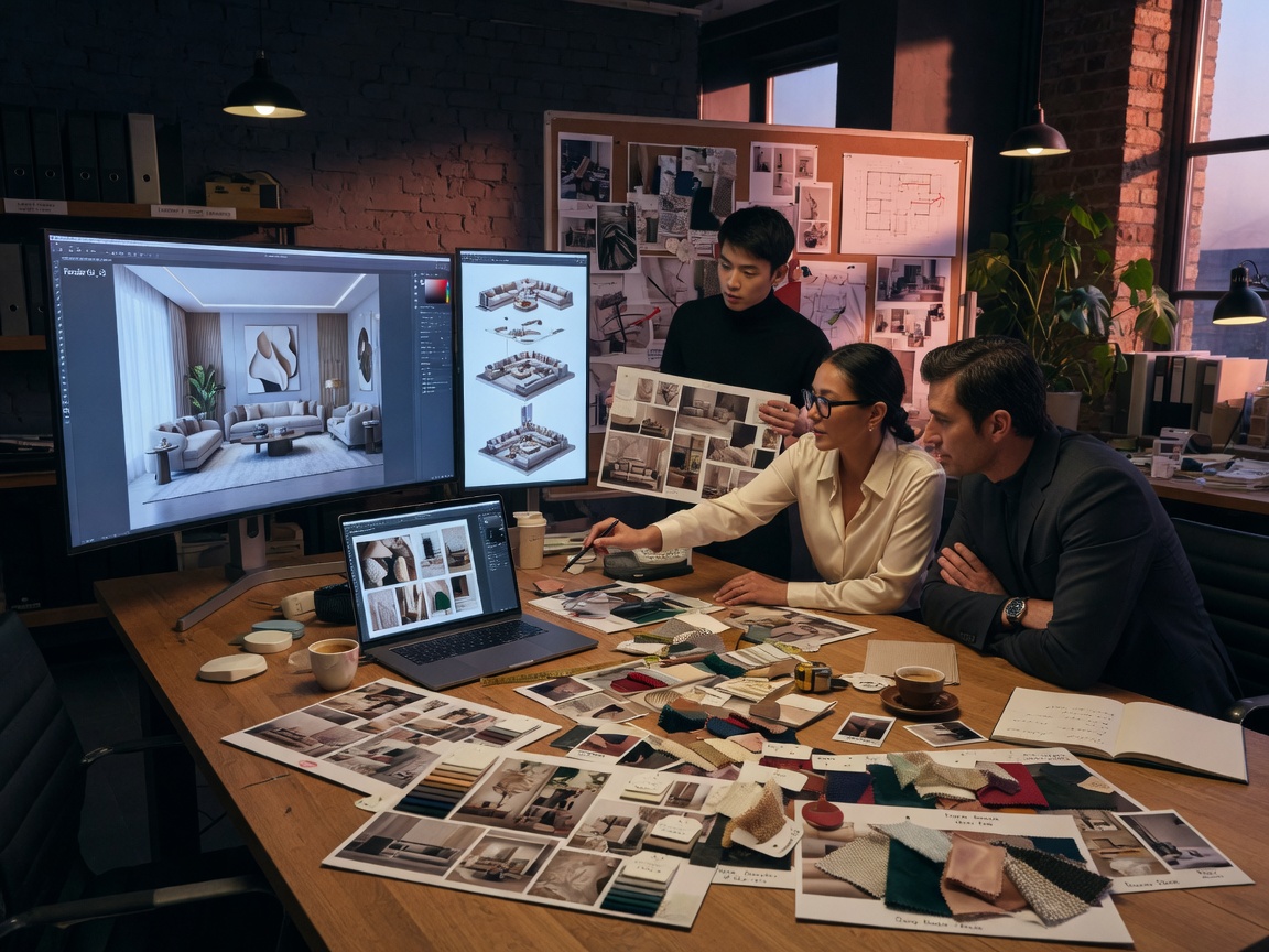 8K cinematic interior design studio scene showing designers reviewing 3D models on multiple monitors with client, mood boards, and fabric samples on a large table