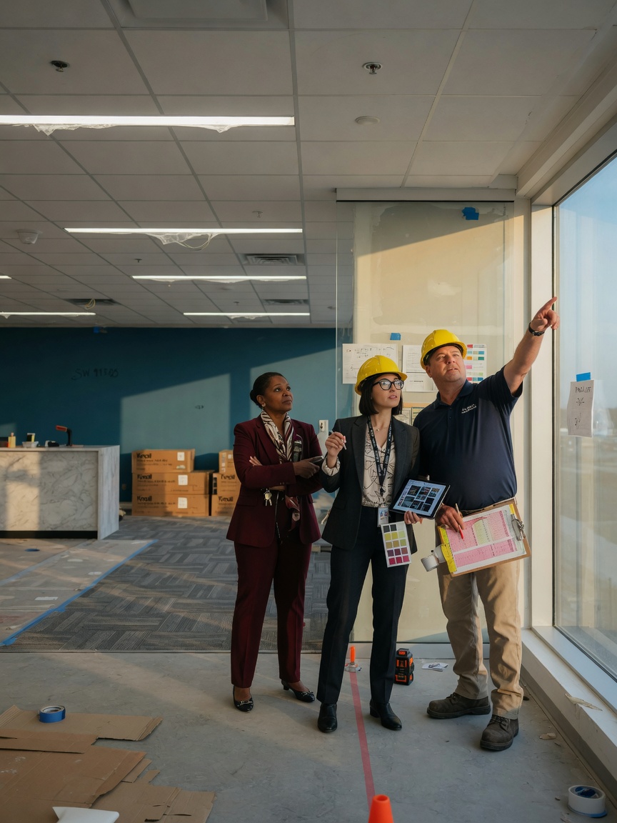 Professional 8K photograph of a punch list walkthrough with commercial interior designer general contractor and property manager inspecting newly completed office space