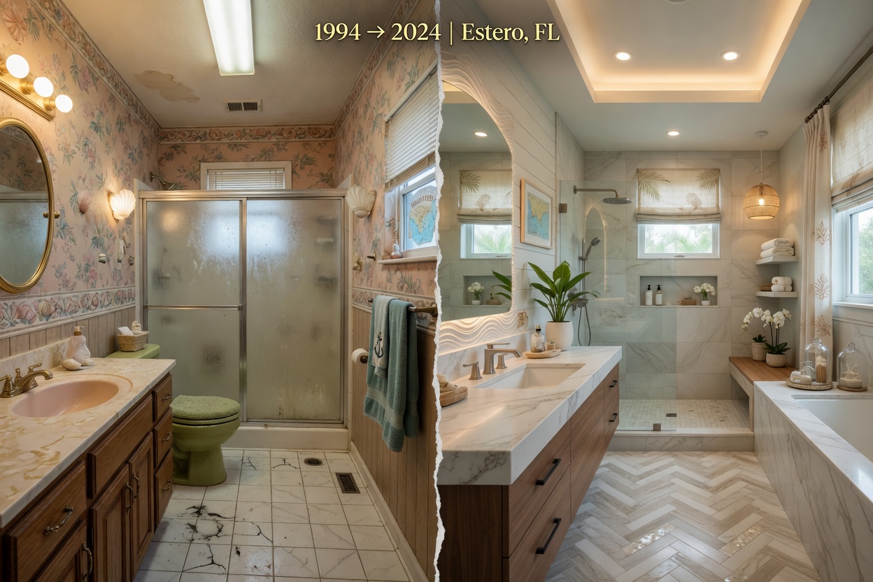 Dramatic before and after bathroom renovation in Estero Florida showing dated 90s bathroom transformed into luxurious coastal spa retreat, professional interior design photography, 8K resolution