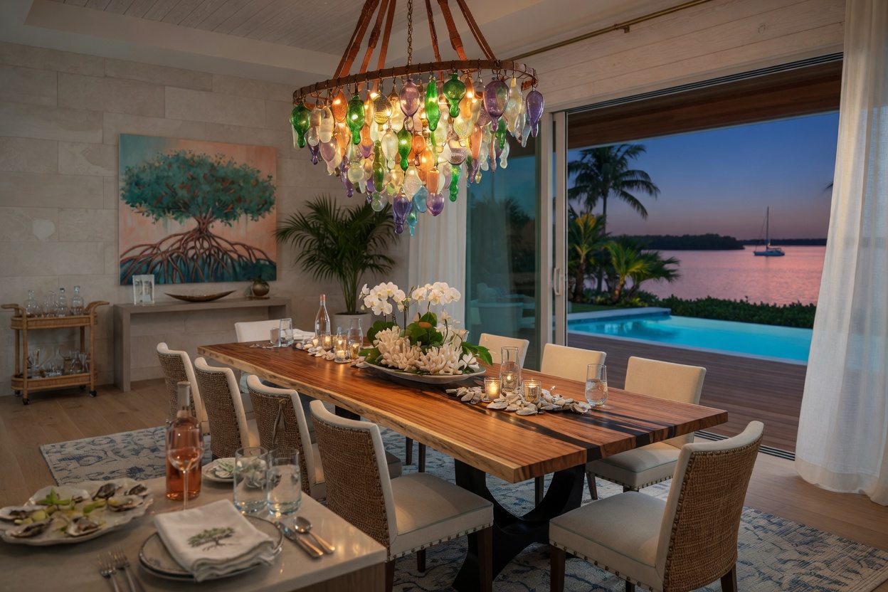 Hyperrealistic 8K image of a luxury coastal dining room in a Southwest Florida home with statement lighting, custom table, and indoor-outdoor flow