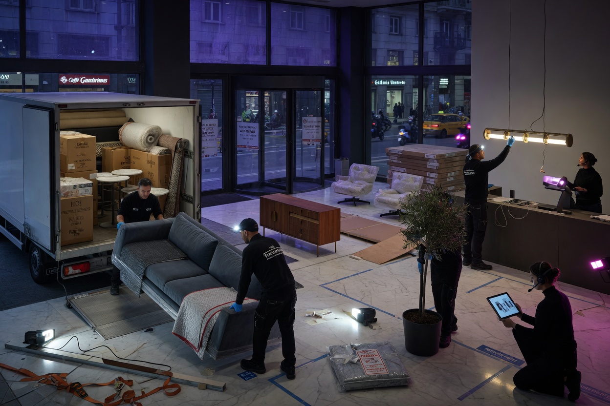 Ultra-realistic 8K image of coordinated furniture fixtures and equipment being delivered and installed during after-hours window in a downtown Naples commercial building