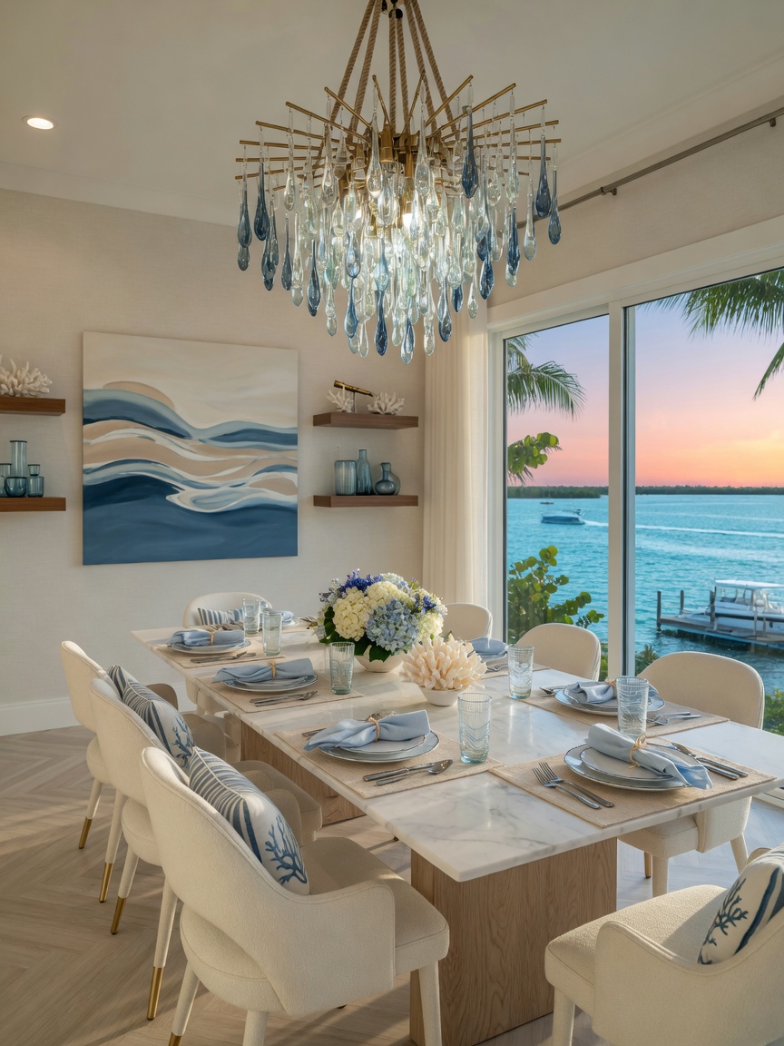 Elegant dining room in a Cape Coral waterfront home featuring coastal contemporary design, statement chandelier, ocean view, neutral color palette with blue accents, 8K ultra-realistic interior photography