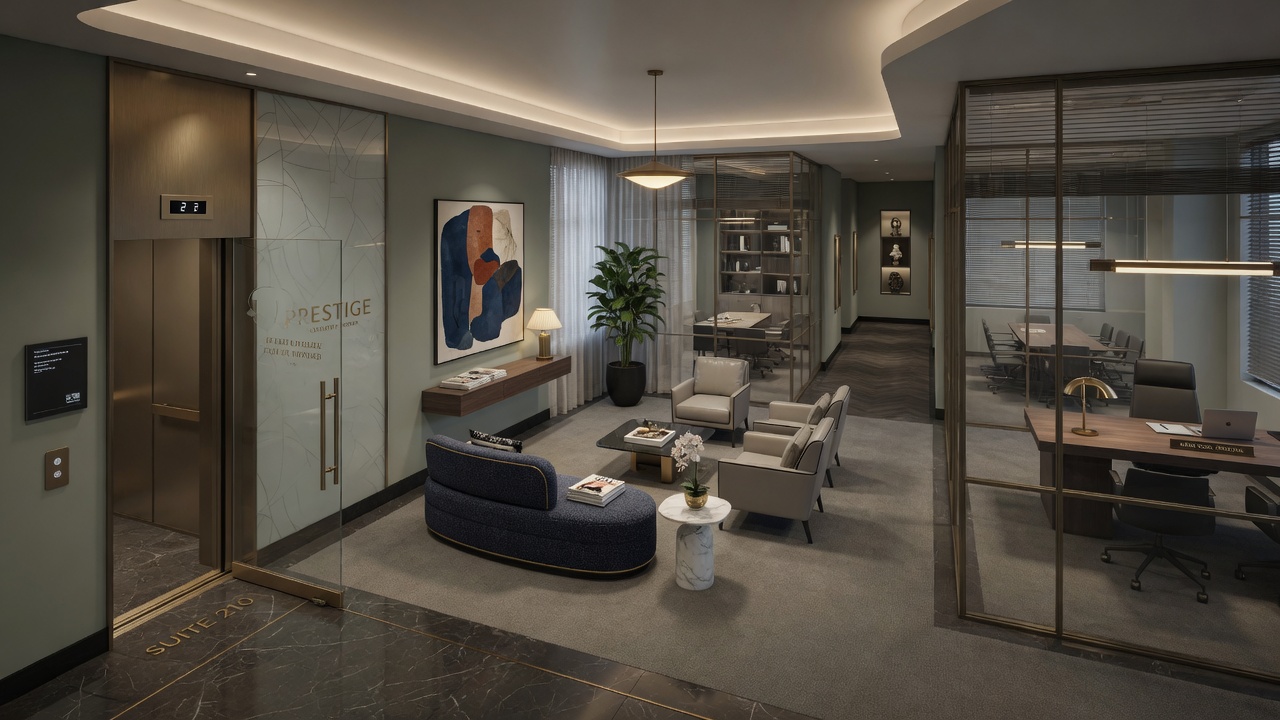8K architectural visualization of a second-floor professional services suite layout showing elevator lobby transition quiet waiting area and private offices