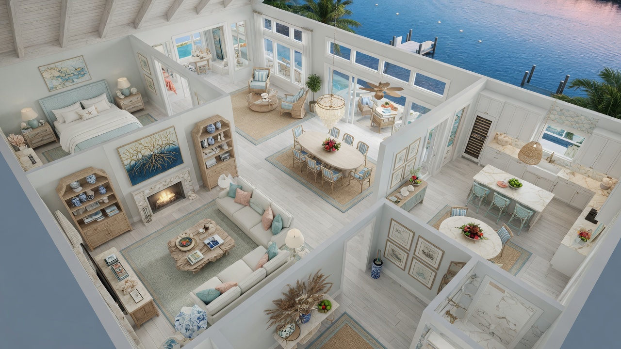 Aerial perspective 3D rendering of complete interior design project for a Naples FL luxury home showing multiple rooms with consistent coastal design language, space planning visualization, 8K architectural rendering