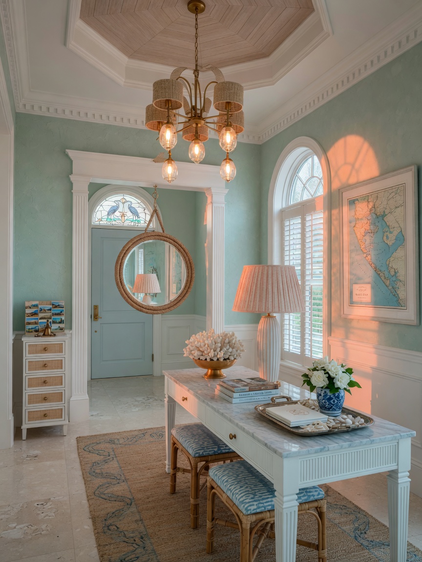 Ultra-detailed 8K photograph of a beautifully styled entryway in a Naples Florida residence featuring custom millwork, lighting, console table, and welcoming coastal atmosphere