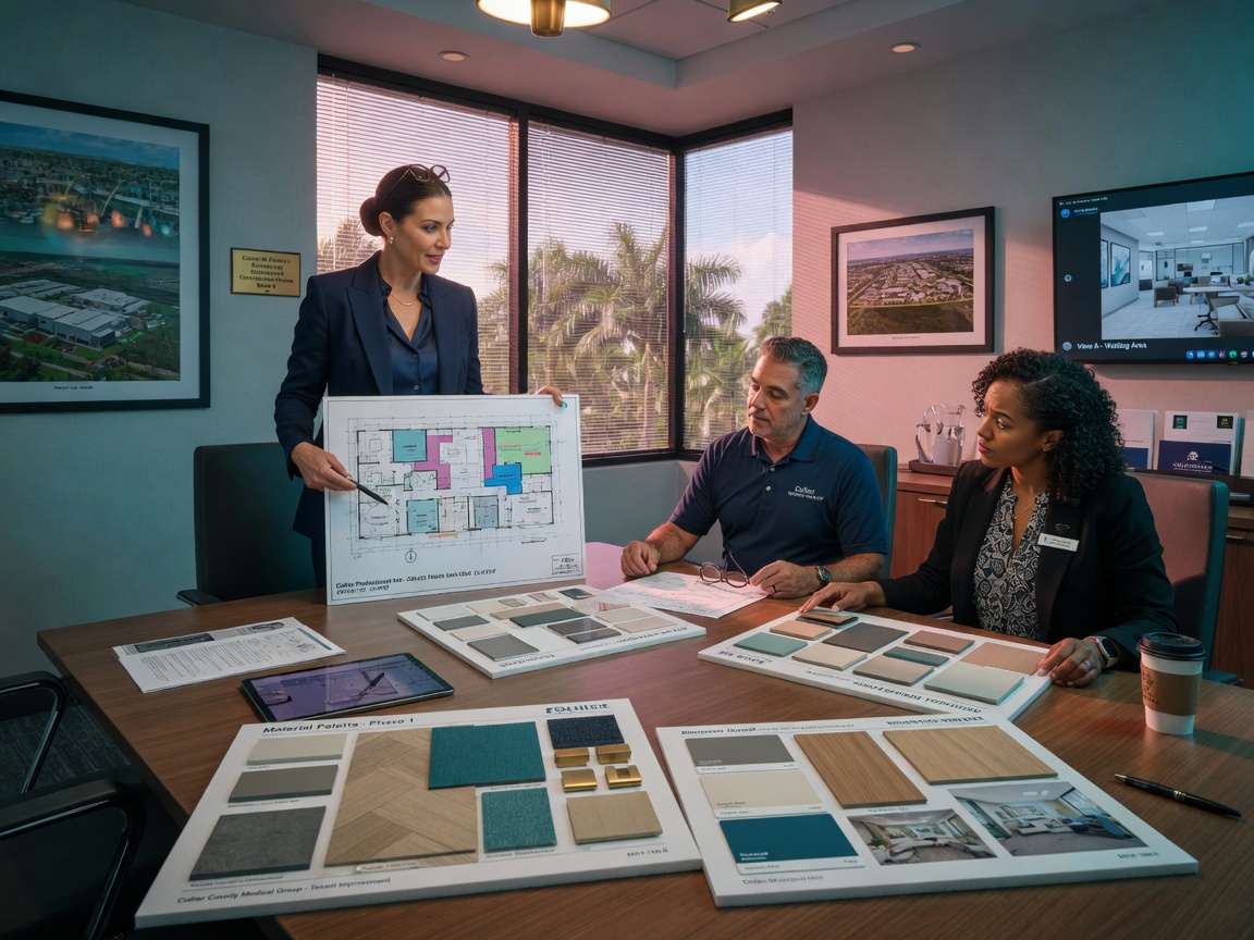 Professional 8K image of a commercial interior designer presenting scaled space plans and finish boards to a business owner and property manager in a Collier County conference room