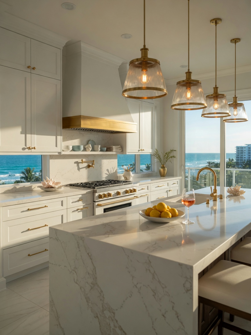 Luxurious modern coastal kitchen in Naples FL with white shaker cabinets, quartz countertops, brass hardware, large island with pendant lights, ocean view through windows, 8K ultra-realistic interior design photography