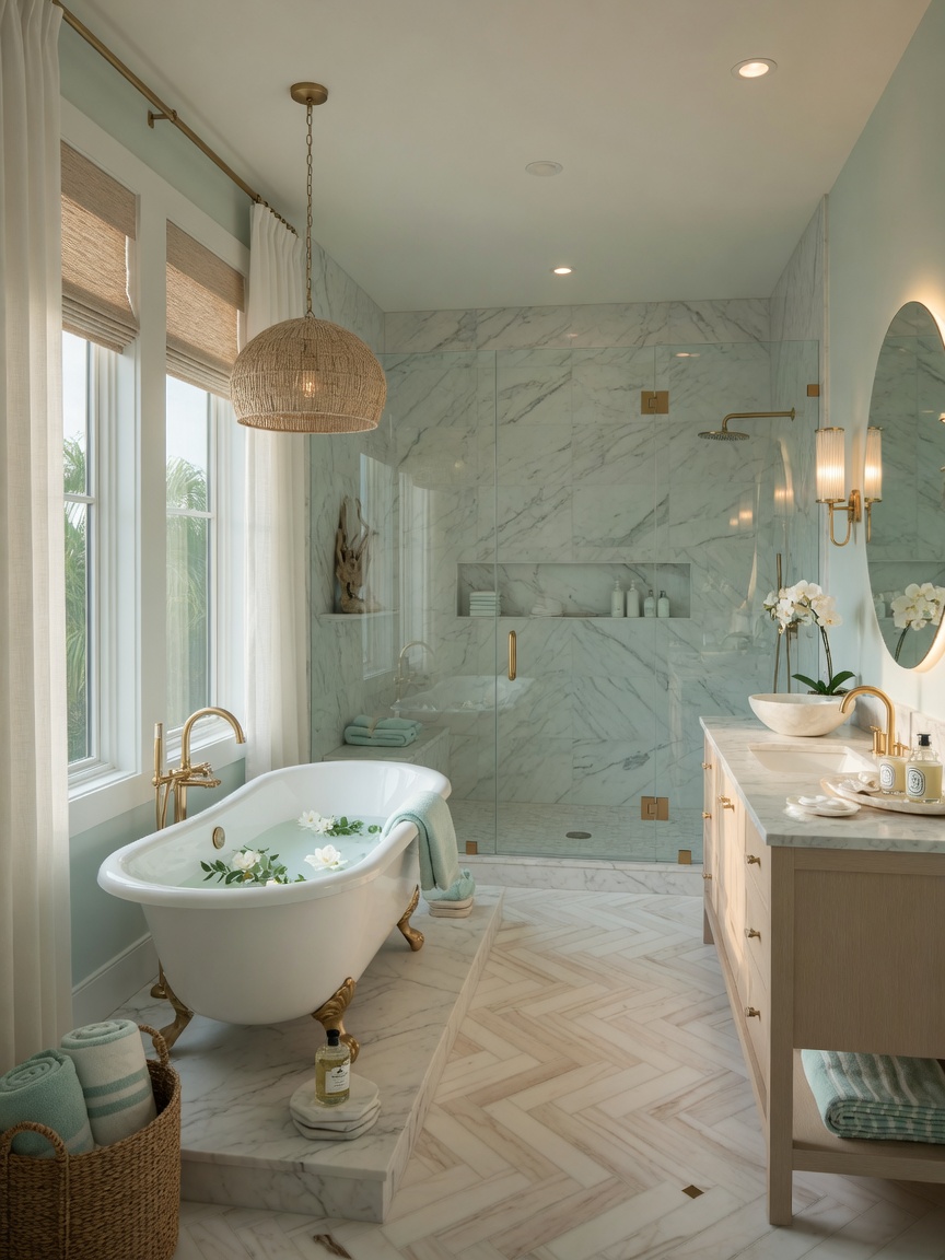 Elegant master bathroom in Naples Florida home with freestanding soaking tub, marble surfaces, frameless glass shower, coastal color palette, soft natural lighting, spa-like atmosphere, 8K photorealistic image