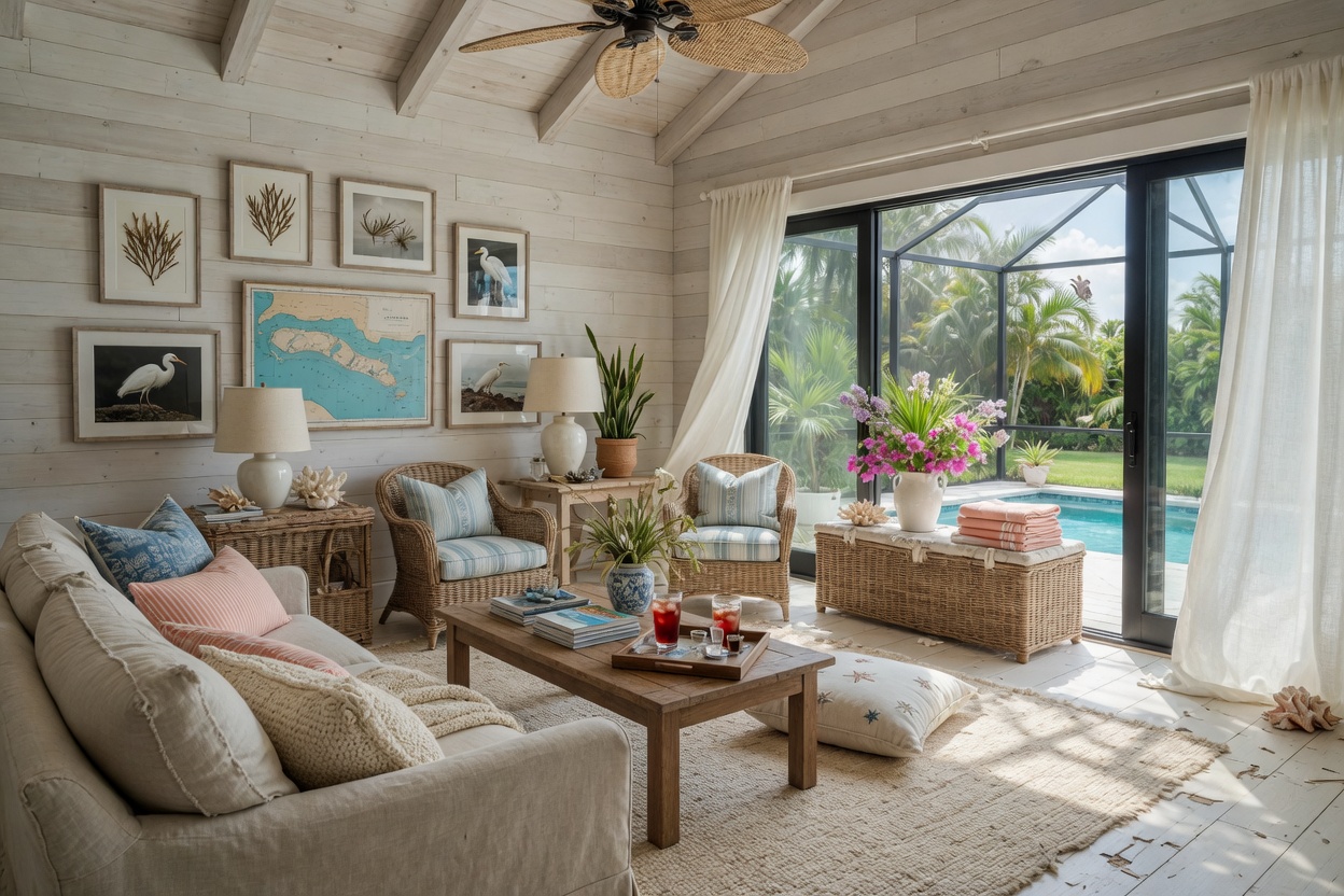Ultra-detailed 8K rendering of an open-concept living room with coastal farmhouse style, comfortable seating, natural textures, indoor-outdoor connection through large sliding doors in a Southwest Florida home