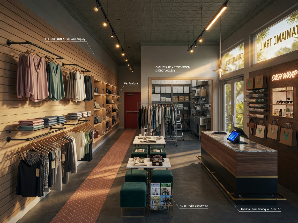 Detailed 8K architectural rendering of commercial space planning for a long narrow Tamiami Trail retail boutique showing fixture runs cash wrap and stockroom adjacency