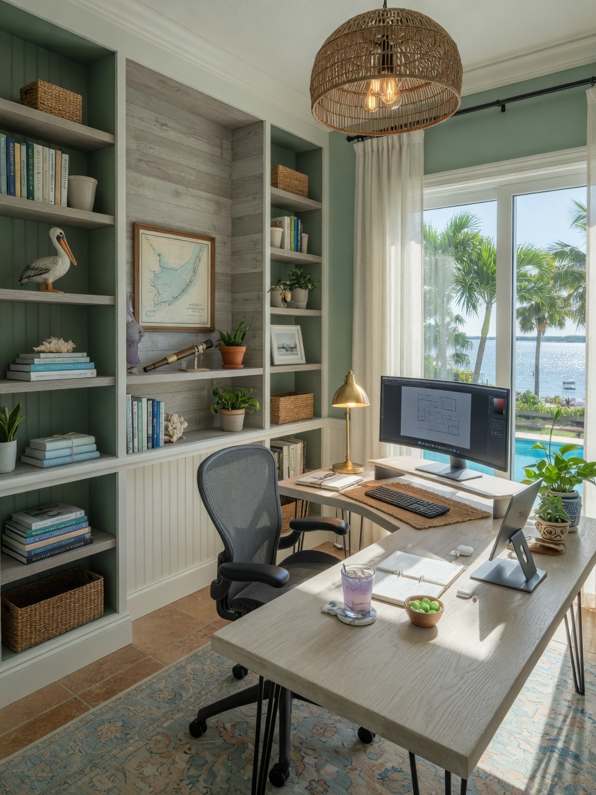 Sophisticated home office interior in Southwest Florida featuring ergonomic desk setup, built-in bookshelves, coastal color scheme, natural light, modern farmhouse elements, 8K ultra-detailed workspace photography