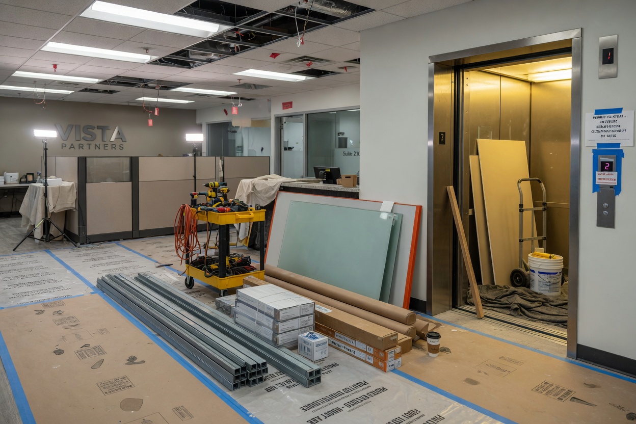 Ultra-realistic 8K photograph of after-hours construction installation inside a second-floor professional office suite with protective floor coverings and materials staged near an elevator