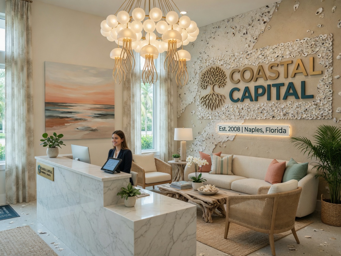 Professional commercial office reception area in Naples FL with modern coastal design, warm neutral tones, statement lighting, comfortable seating, branded wall feature, 8K realistic business interior