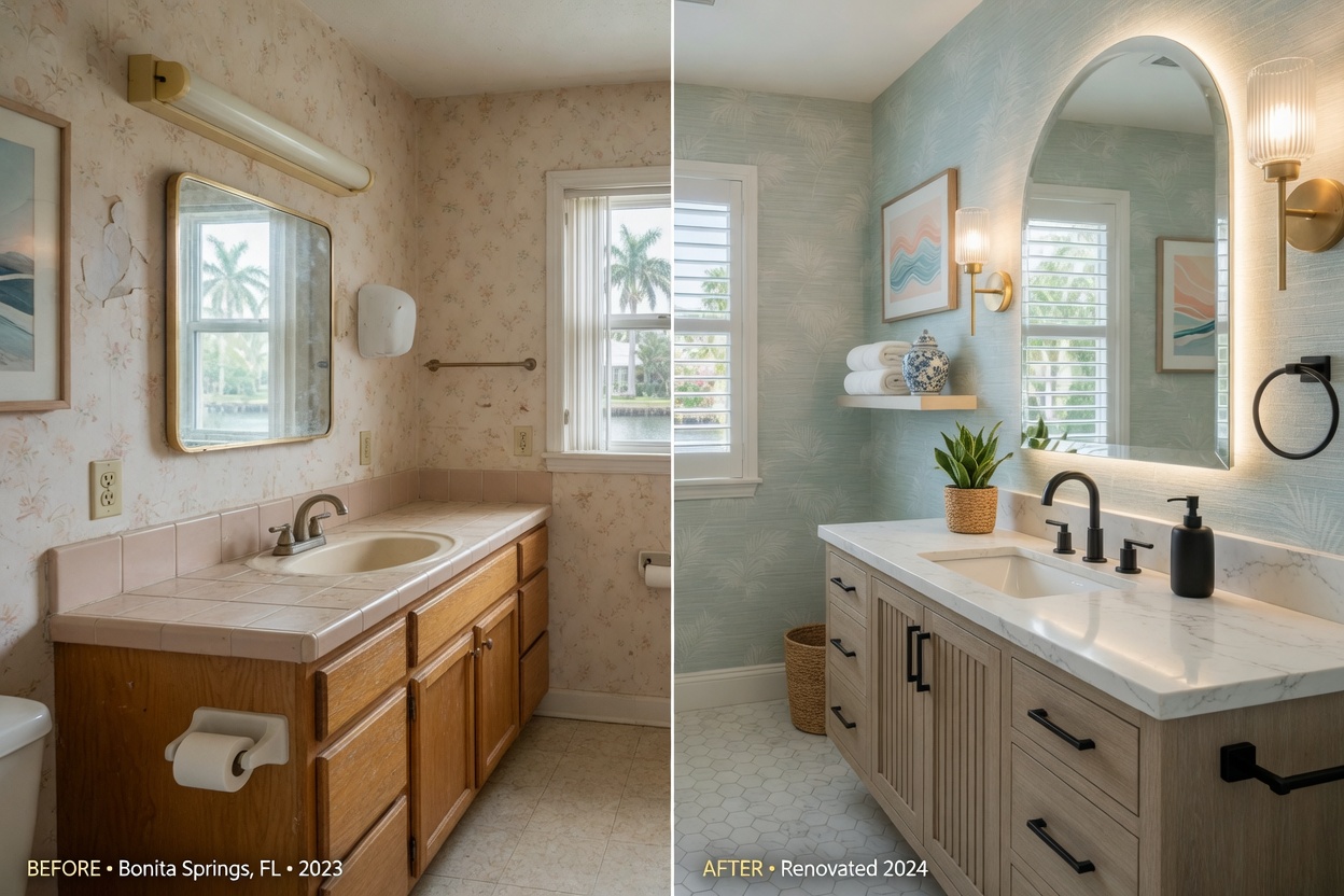 Hyperrealistic 8K image showing before and after split view of a bathroom renovation in Bonita Springs FL, elegant vanity, modern fixtures, and coastal-inspired design