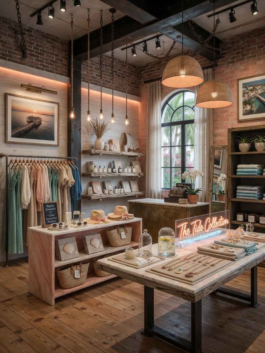 Upscale boutique retail store interior in Naples Florida with warm industrial design elements, carefully curated merchandise displays, soft lighting, coastal modern aesthetic, 8K photorealistic retail space