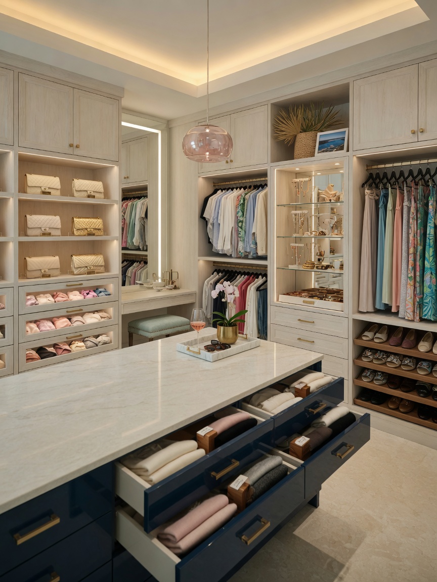 Ultra-realistic 8K photograph of custom walk-in closet design in Marco Island home with built-in cabinetry, island drawers, soft lighting, and organized luxury clothing storage
