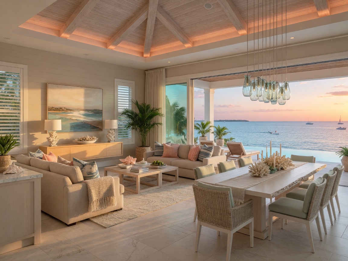 3D architectural rendering of an open concept coastal living and dining area in Naples FL, showing detailed space planning with furniture placement, natural color palette, and Gulf view, ultra-realistic 8K visualization