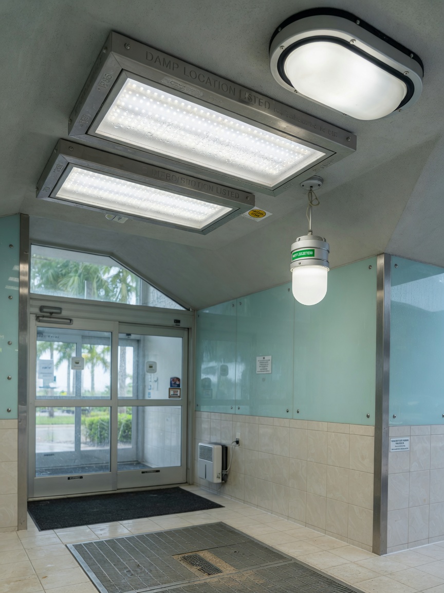 Professional 8K photograph of damp-rated LED lighting fixtures installed in a building vestibule with moisture-resistant finishes suitable for Southwest Florida
