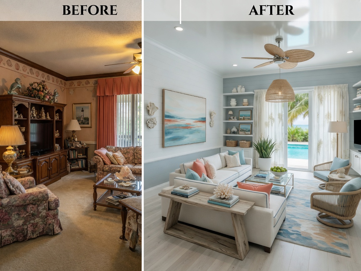 Before and after split image showing dramatic interior transformation of a dated Naples Florida living room into a bright coastal modern space, professional interior design photography style, 8K resolution